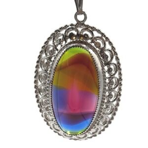 1950's Vintage Whiting & Davis Mood Stone Pendant Necklace Oval Silver Tone